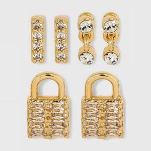 NWT SUGARFIX by BaubleBar Gold Micro Crystal Earring Set 3pc Minimalist Key Lock